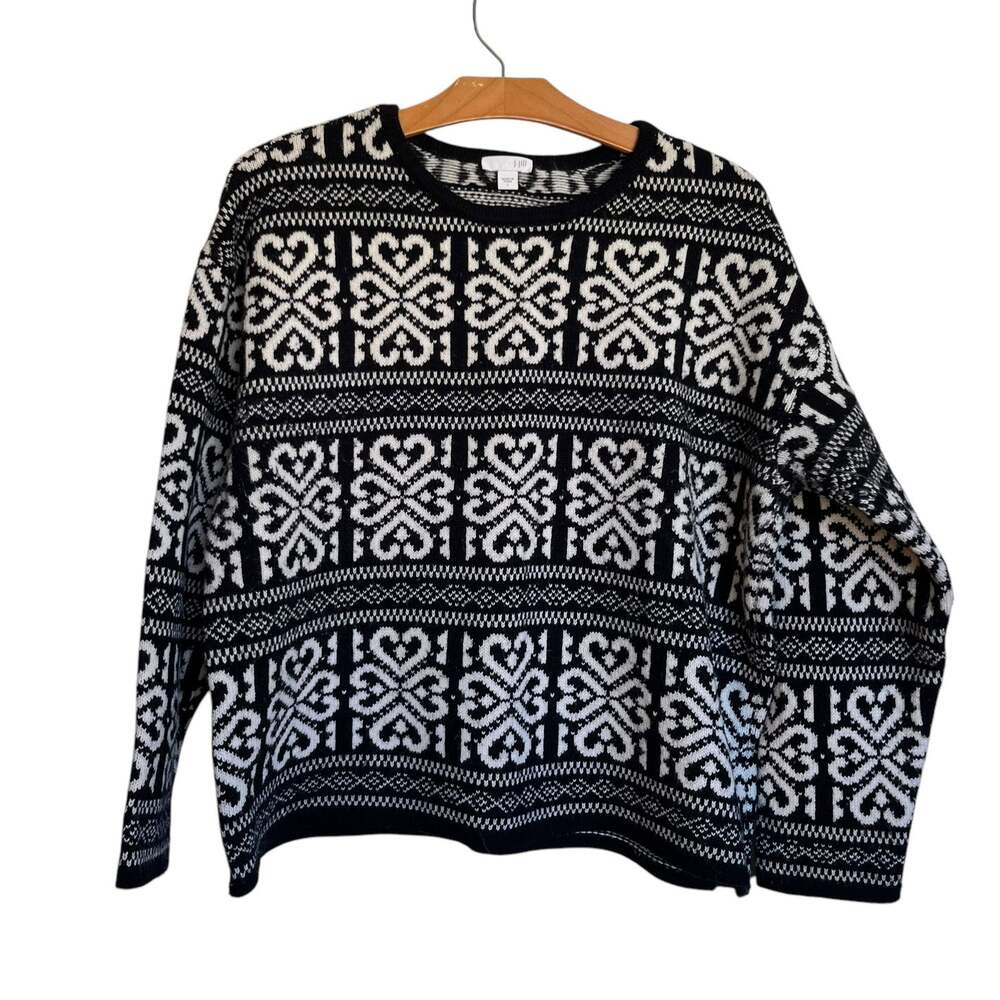 J. Jill Wool Blend Fair Isle Nordic Crewneck Sweater Boxy Pullover Black White L